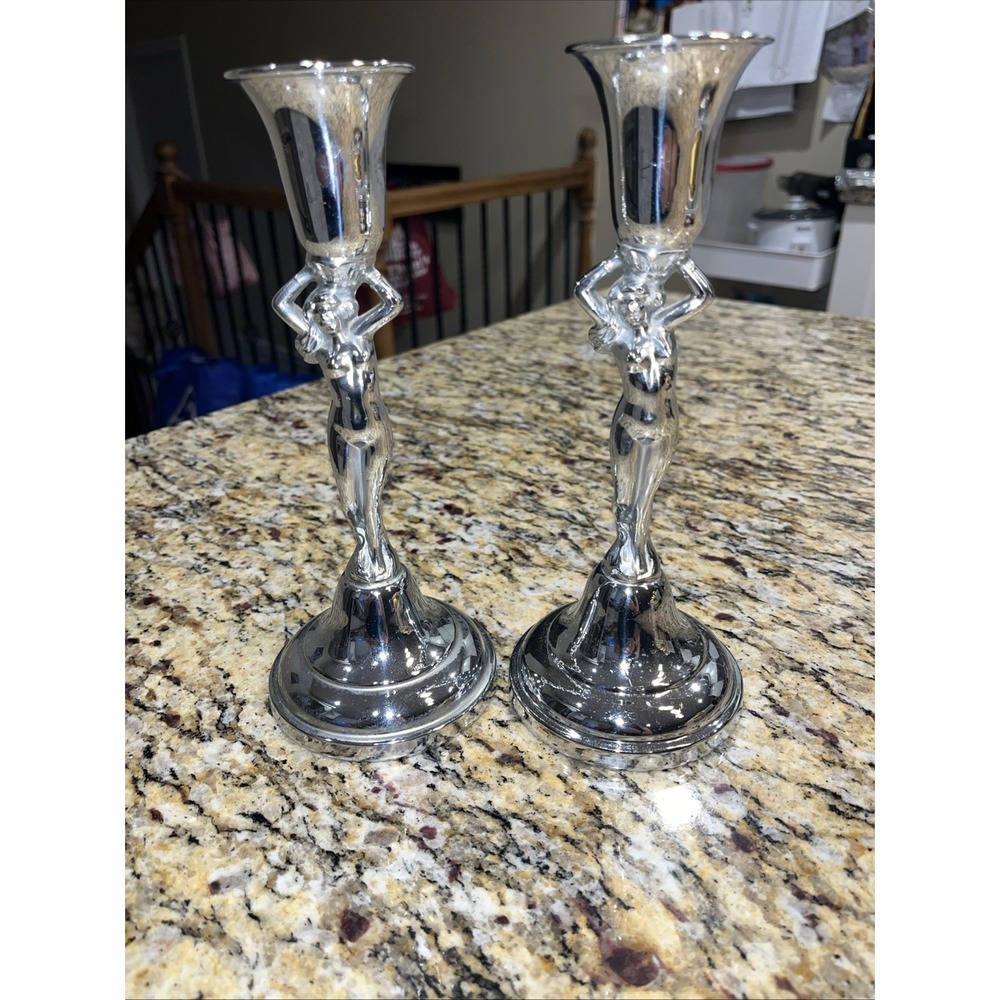 FARBER BROS KROME KRAFT ART DECO CANDLESTICKS Of NUDE LADIES